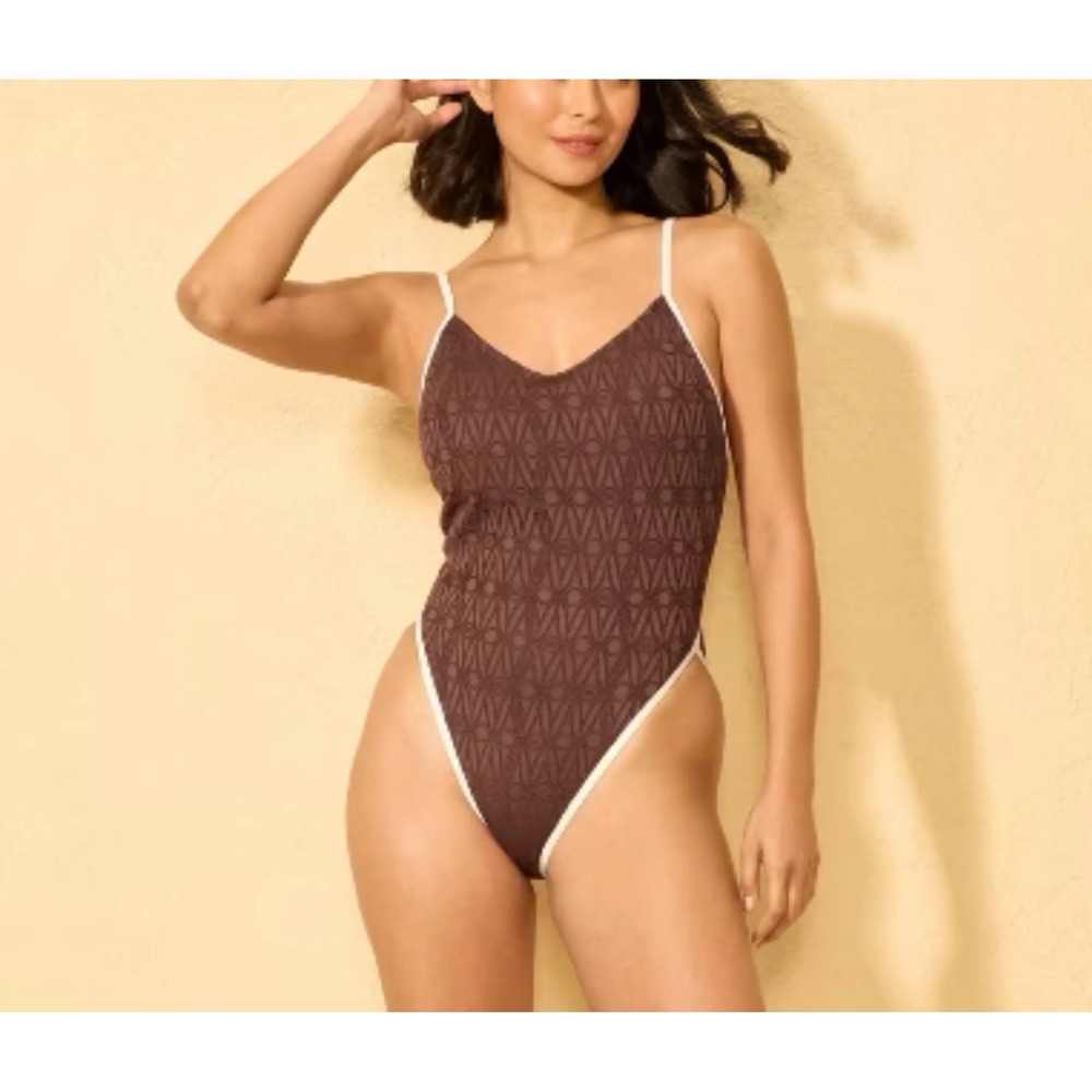 Wild Fable Brown Crochet Lace High Cut One Piece Swimsuit White Trim Small